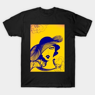 RETRO SUNSHINE YELLOW INDIGO 70S DECO LADY WITH HAT OP ART PRINT T-Shirt